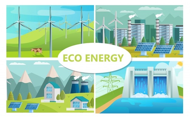 Flat eco energy concept with windmills solar panels ecological factory and houses hydroelectric station 